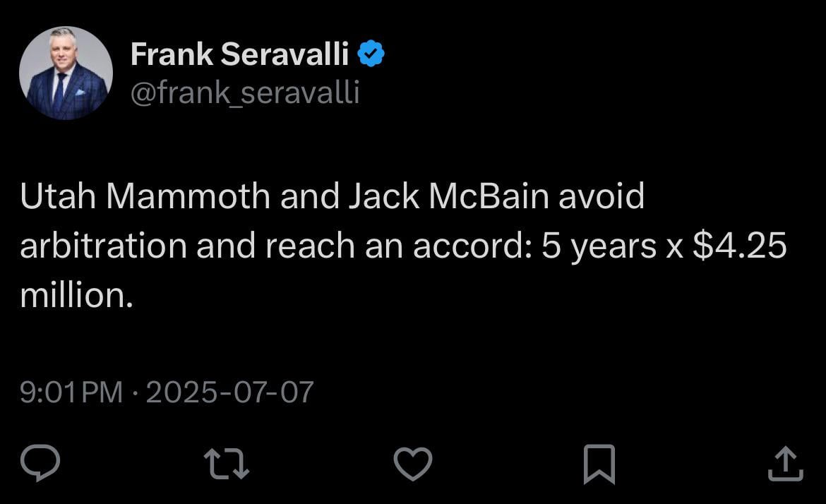 [Seravalli] Utah Mammoth and Jack McBain avoid arbitration and reach an accord: 5 years x $4.25 million.
