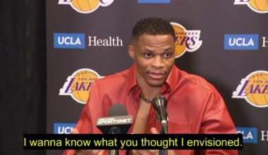 Russell Westbrook squabbles with a Lakers reporter. When Westbrook asked the reporter what he envisioned, the reporter responded "I would imagine some wins." The Lakers were 27-35 on that point of the season.