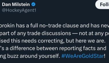 [Dan Milstein] Ilya Sorokin has a full no-trade clause and has never been part of any trade discussions — not at any point. Surprised this needs correcting, but here we are. There’s a difference between reporting facts and creating buzz around yourself.