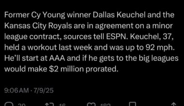 [Passan] Former Cy Young winner Dallas Keuchel and the Kansas City Royals are in agreement on a minor league contract, sources tell ESPN. Keuchel, 37, held a workout last week and was up to 92 mph. He’ll start at AAA and if he gets to the big leagues would make $2 million prorated.