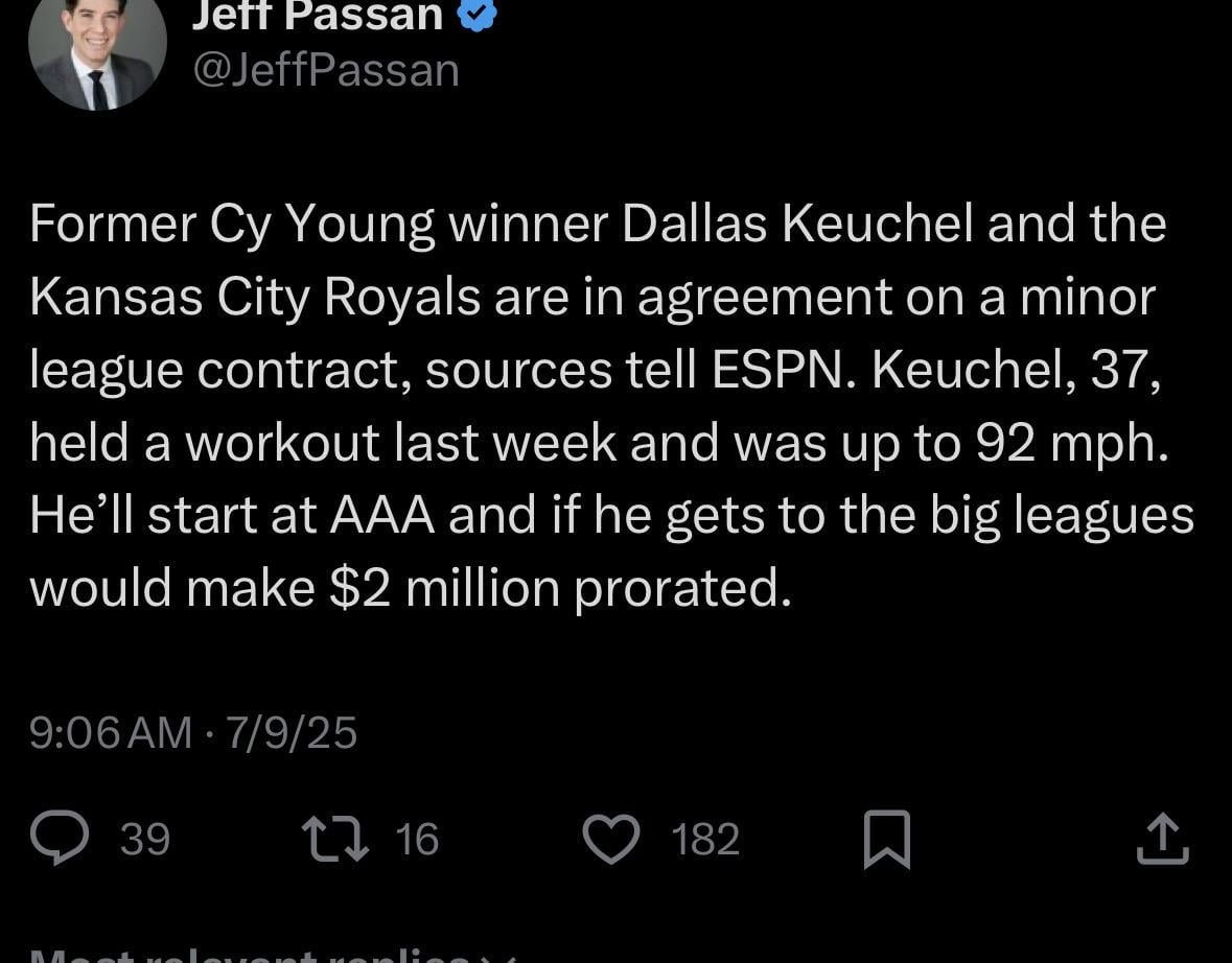 [Passan] Former Cy Young winner Dallas Keuchel and the Kansas City Royals are in agreement on a minor league contract, sources tell ESPN. Keuchel, 37, held a workout last week and was up to 92 mph. He’ll start at AAA and if he gets to the big leagues would make $2 million prorated.