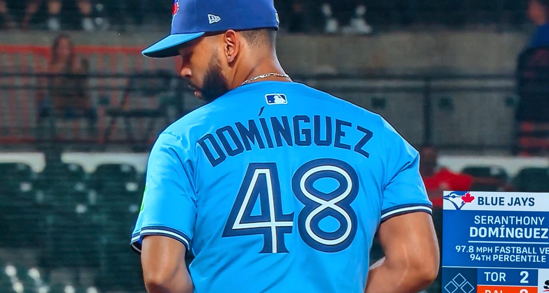 Seranthony Domínguez's jersey had to be made in a rush between double header games causing his 8 to sewn on upsidedown.