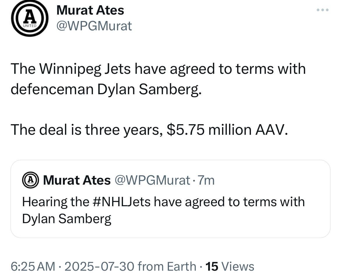 [Ates] The Winnipeg Jets have agreed to terms with defenceman Dylan Samberg. The deal is three years, $5.75 million AAV.