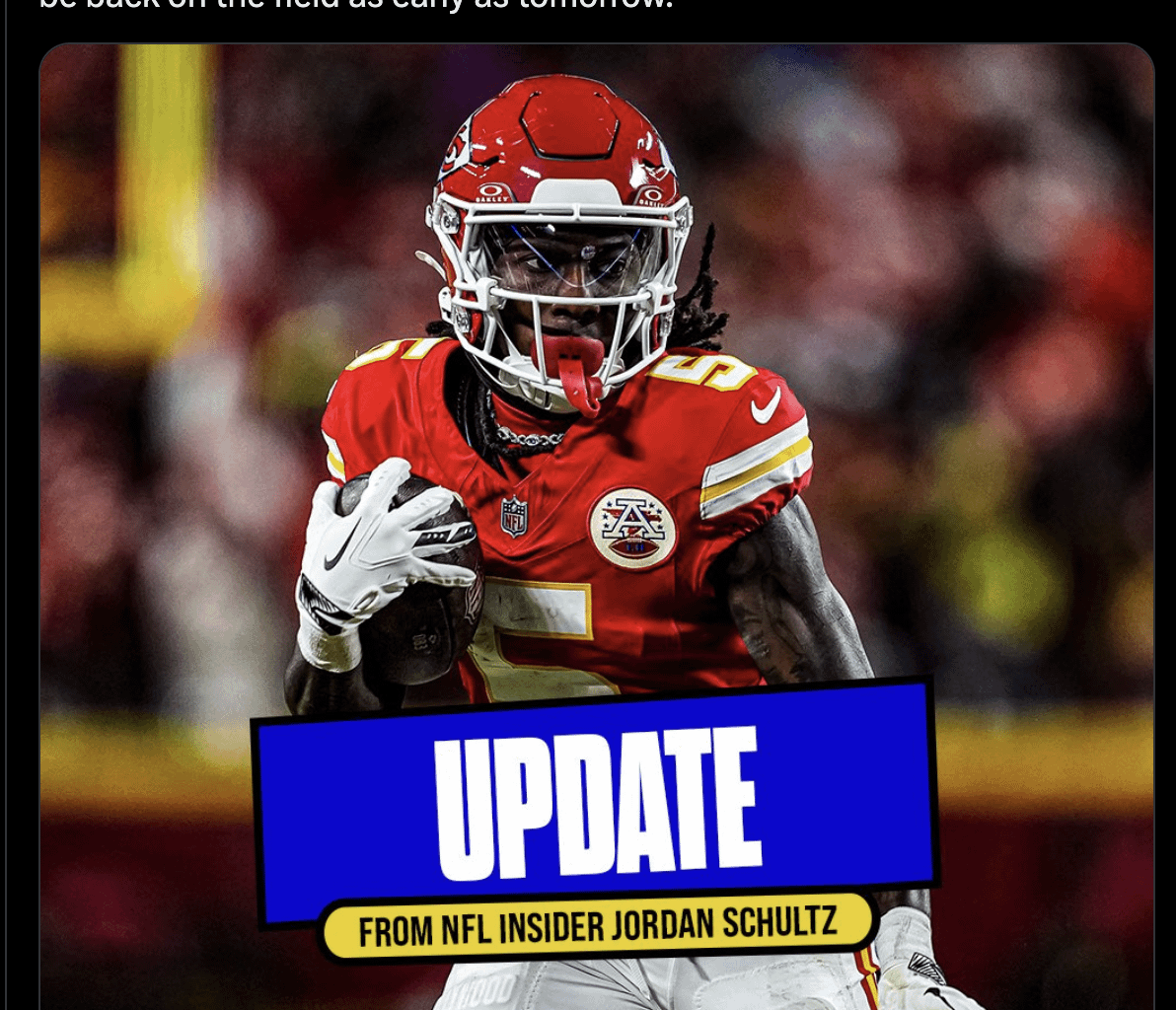 [Schultz] Sources: Chiefs WR Marquise "Hollywood" Brown, who left practice on a cart with a lower leg injury, avoided anything serious and is expected to be back on the field as early as tomorrow.