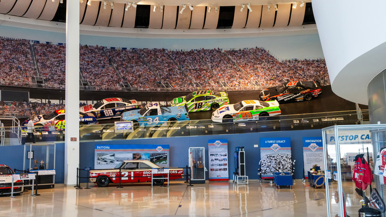 Race cars inside the NASCAR Hall of Fame