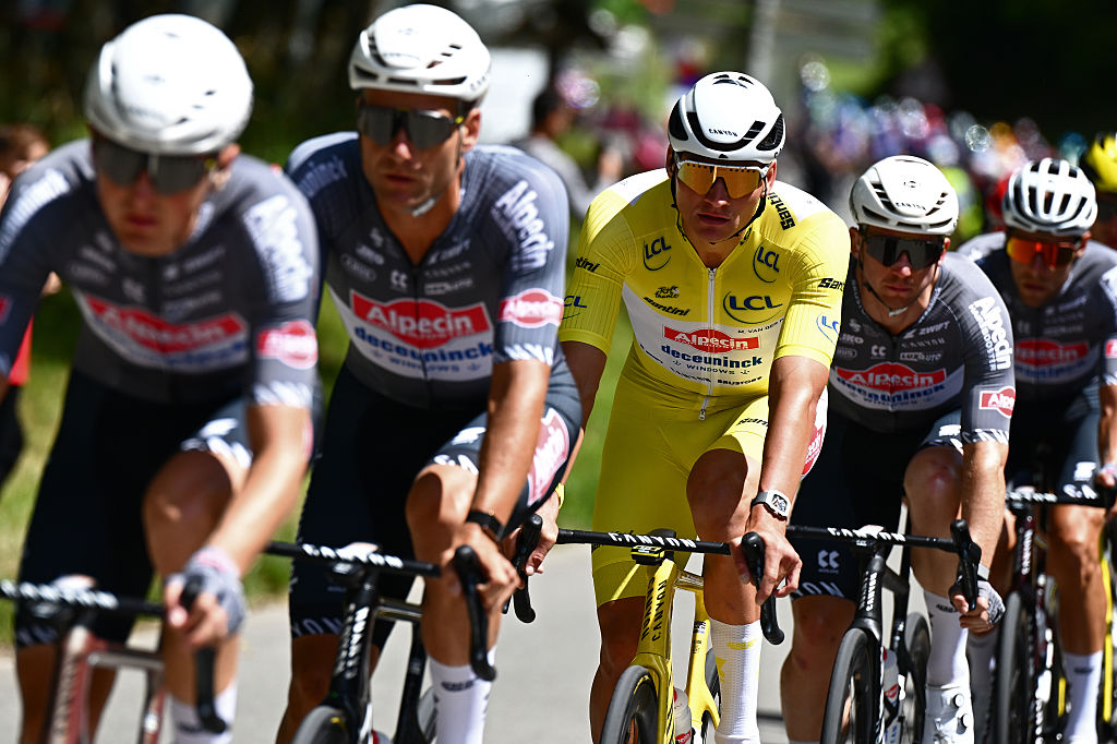 ROUEN, FRANCE - JULY 08: Mathieu Van Der Poel of Netherlands and Team Alpecin - Deceuninck - Yellow leader jersey competes during the 112th Tour de France, Stage 4 a 174.2km stage from Amiens Metropole to Rouen / #UCIWT / on July 08, 2025 in Rouen, France. (Photo by Tim de Waele/Getty Images)