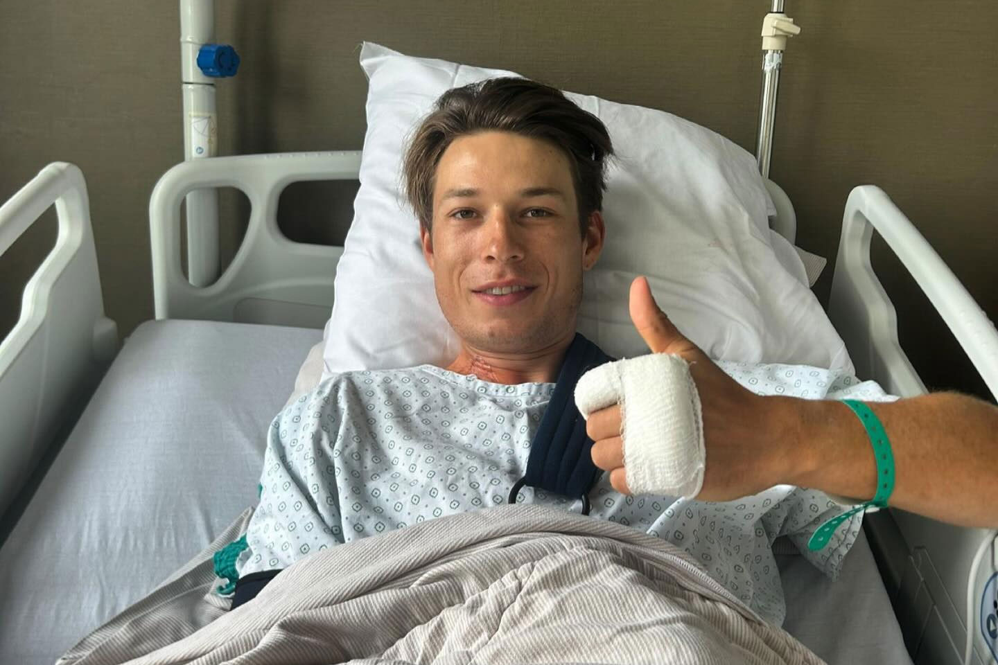 Jasper Philipsen in hospital following surgery to a broken collarbone sustained in a crash on stage 3 of the 2025 Tour de France (credit: Alpecin-Deceuninck/Instagram)