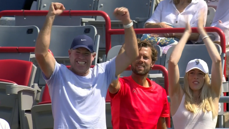 Mark Petchey celebrates Emma Raducanu's win in Montreal
