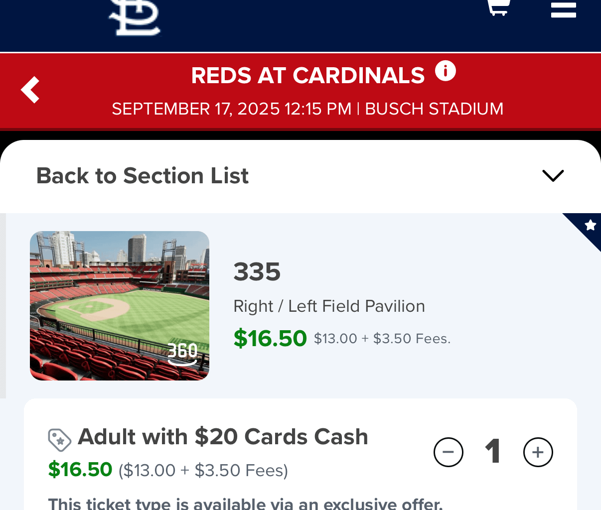 The Cardinals are now paying fans to attend games ($16.50 tickets w/ $20 Cards Cash)