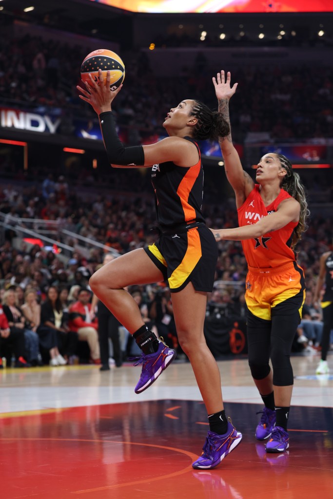 Team Collier forward Napheesa Collier (24) shoots against Team Clark forward Gabby Williams (5) during the WNBA All-Star Game on July 19, 2025.
