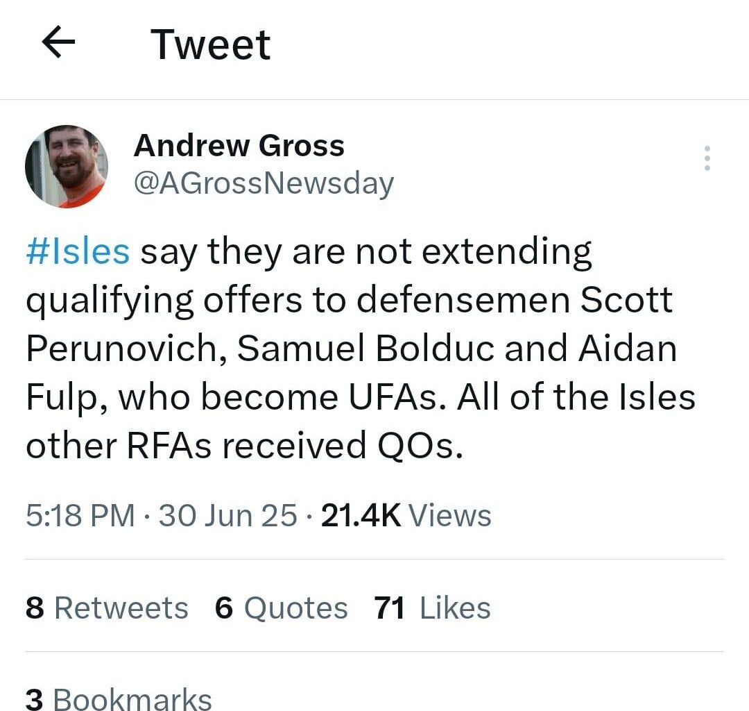 [Gross]: Isles say they are not extending qualifying offers to defensemen Scott Perunovich, Samuel Bolduc and Aidan Fulp, who become UFAs. All of the Isles other RFAs received QOs.