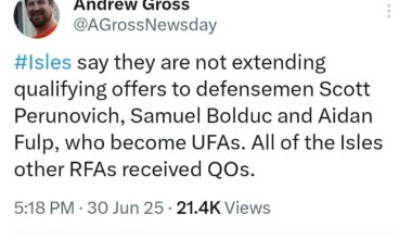 [Gross]: Isles say they are not extending qualifying offers to defensemen Scott Perunovich, Samuel Bolduc and Aidan Fulp, who become UFAs. All of the Isles other RFAs received QOs.