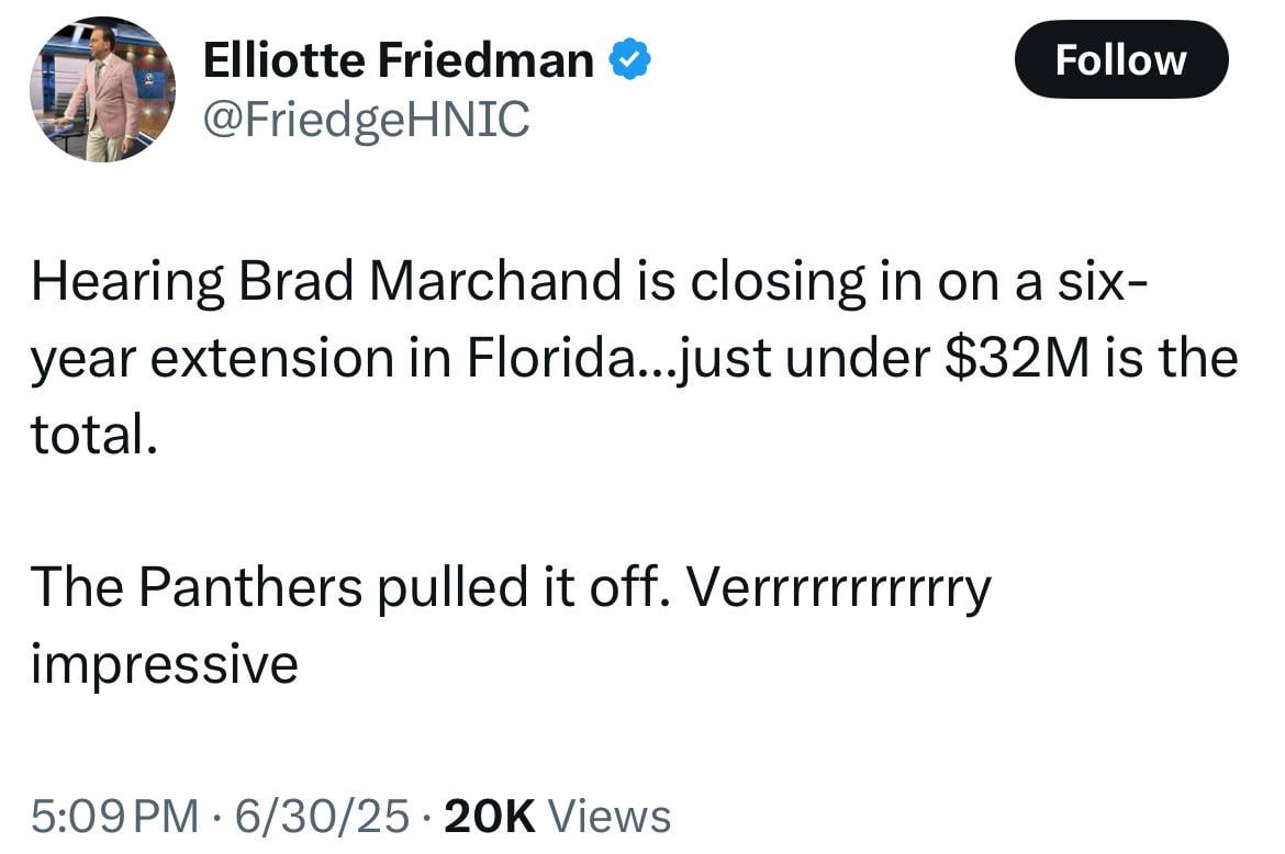[Friedman] Hearing Brad Marchand is closing in on a 6 year 32 million dollar extension with Florida