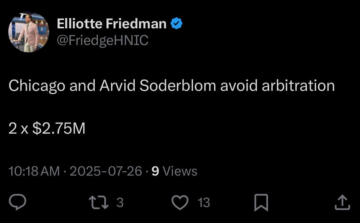 [Friedman] Chicago and Arvid Soderblom avoid arbitration: 2 x $2.75M