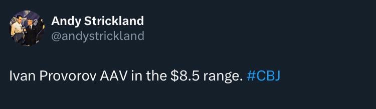 [Strickland] Ivan Provorov 7 years in Columbus, AAV in the $8.5M range.