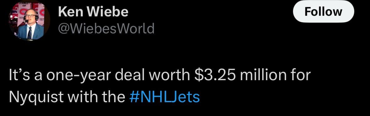 It’s a one-year deal worth $3.25 million for Nyquist with the Jets