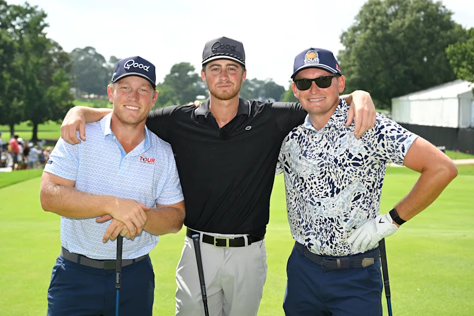 ATLANTA, GEORGIA - AUGUST 20: Brad Dalke, Garrett Clark, and Sean Walsh, pose for a photo together, on the 10th tee box, during the 2025 Tour Championship Creator Classic, prior to TOUR Championship, at East Lake Golf Club, on August 20, 2025 in Atlanta, Georgia. (Photo by Ben Jared/PGA TOUR via Getty Images)