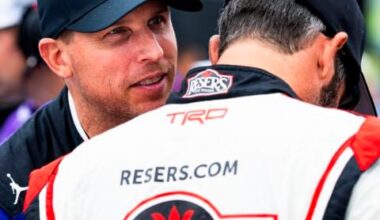 Three-time New Hampshire Motor Speedway NASCAR Cup Series race winner Denny Hamlin (left) and 2017 NASCAR Cup Series champion Martin Truex Jr. (right) chat on pit road prior to the start of the NASCAR Cup Series race at “The Magic Mile” on June 23, 2024.
