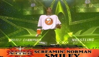 On an episode of WCW Monday Night Nitro at the Nassau Coliseum, Screamin Norman Smiley wears the Islanders white Home jerseys in his 2 on 3 handicapped match with Lenny Lane against 3- count