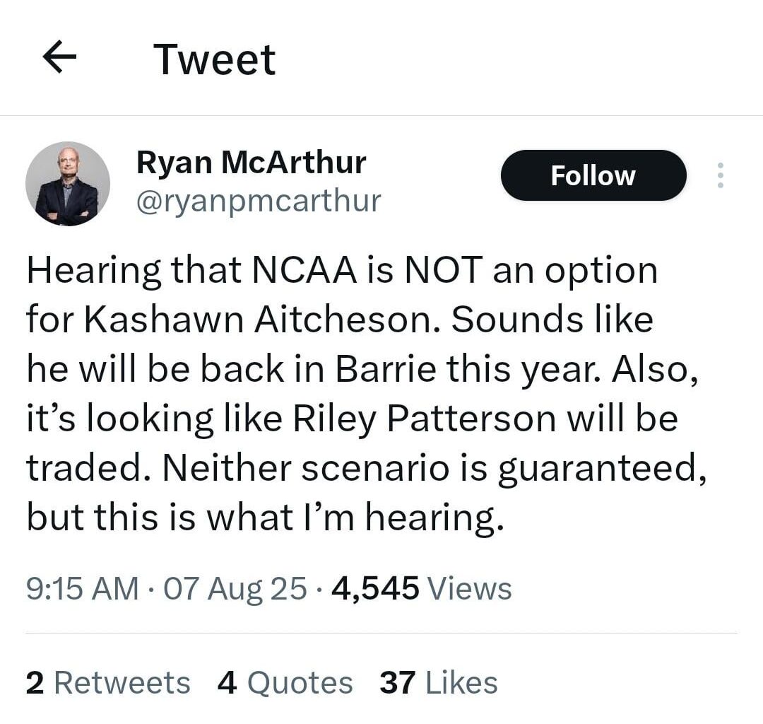 Kashawn Aitcheson will return to Barrie (OHL) this season