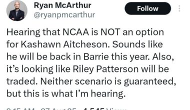 Kashawn Aitcheson will return to Barrie (OHL) this season