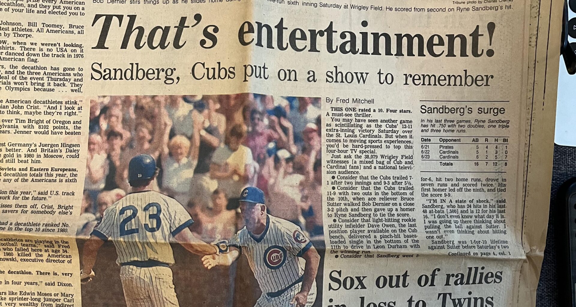 Chicago Tribune Sports page from Sandberg game found in my attic