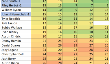 Darlington Southern 500 NASCAR Practice 10,15,20,25 and 30 Lap Averages Heat Chart
