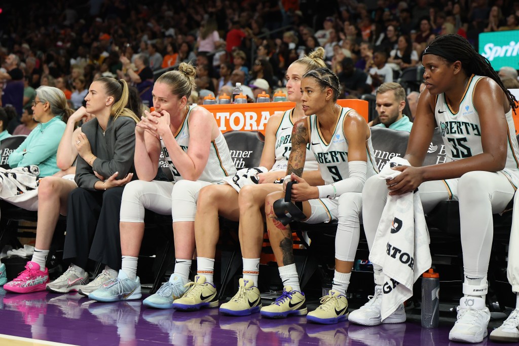 Liberty players look on during their loss to the Mercury on Aug. 30, 2025. 