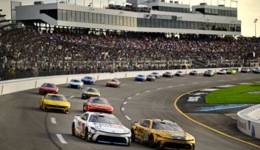 2024 Cup Richmond II pack racing VII - Joe Gibbs Racing teammates Denny Hamlin, No. 11 Toyota, and Christopher Bell, No. 20 Toyota (Credit: Logan Whitton/Getty Images via NASCAR Media)