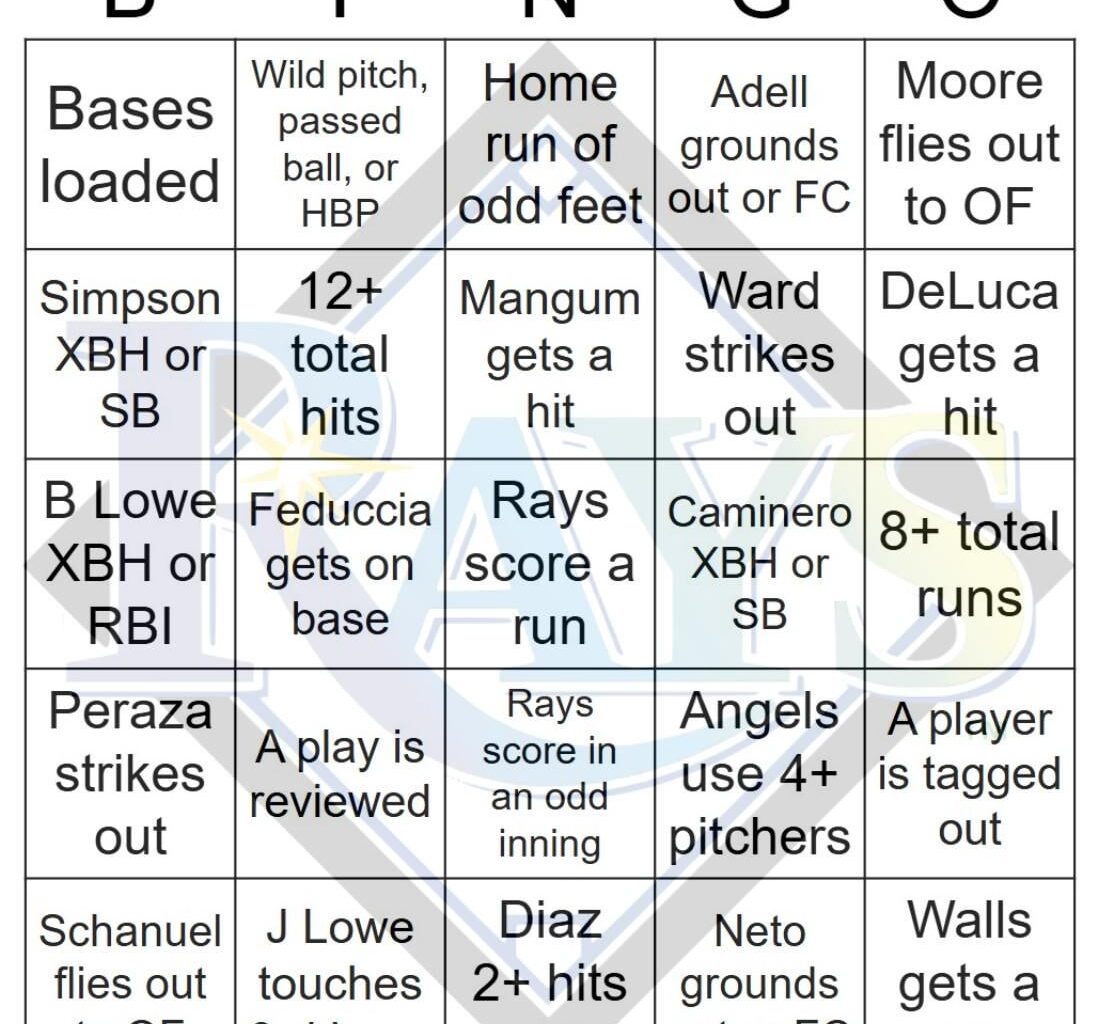 Rays vs Angels Bingo, 8/05/2025
