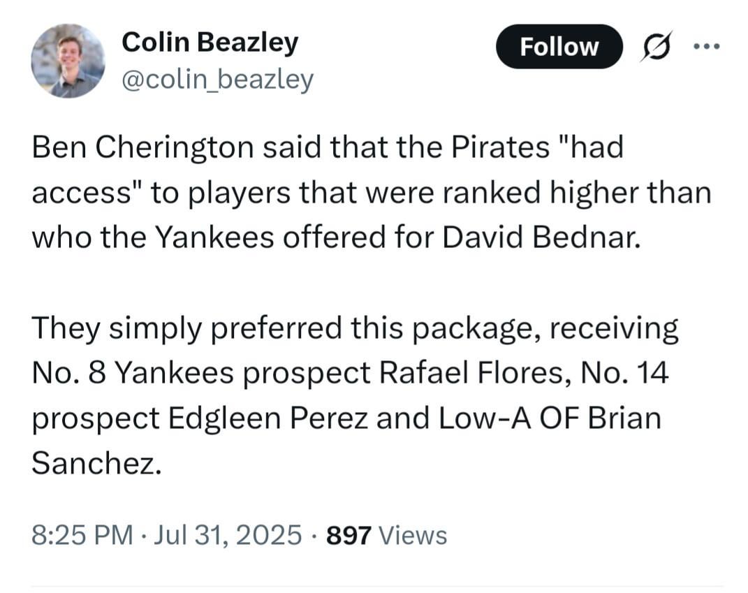 Ben cherington says that the pirates intentionally took a worse package for bednar than other teams offered.