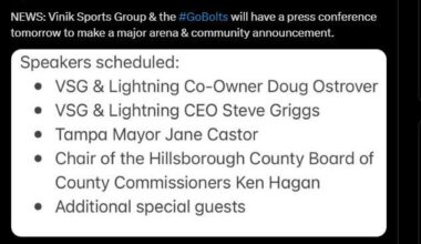 NEWS: Vinik Sports Group & the #GoBolts will have a press conference tomorrow to make a major arena & community announcement.