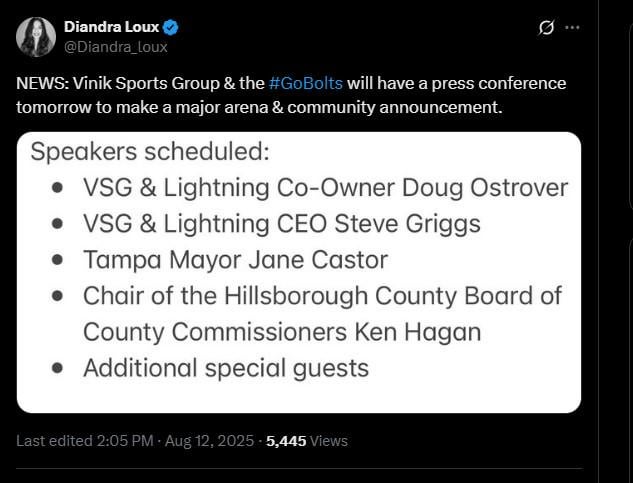 NEWS: Vinik Sports Group & the #GoBolts will have a press conference tomorrow to make a major arena & community announcement.