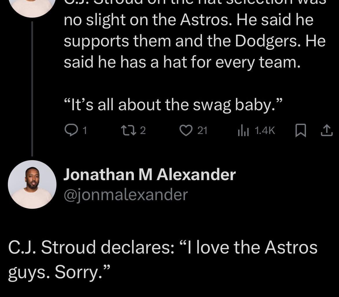 For anyone who saw CJ with the Mariners cap, he does in fact love the Astros