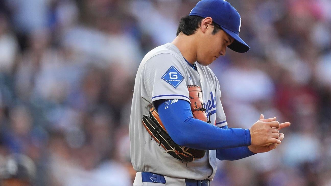 Ohtani gives up 5 runs, takes liner off thigh in Dodgers' loss