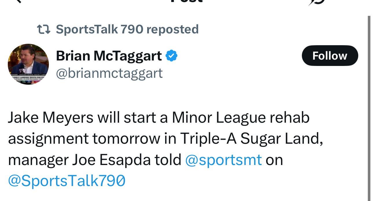 Jake Meyers will begin a rehab assignment tomorrow per McTaggert