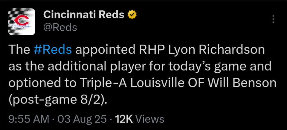 [Reds Transactions] Benson optioned to Louisville, Richardson added as additional player for today's game.