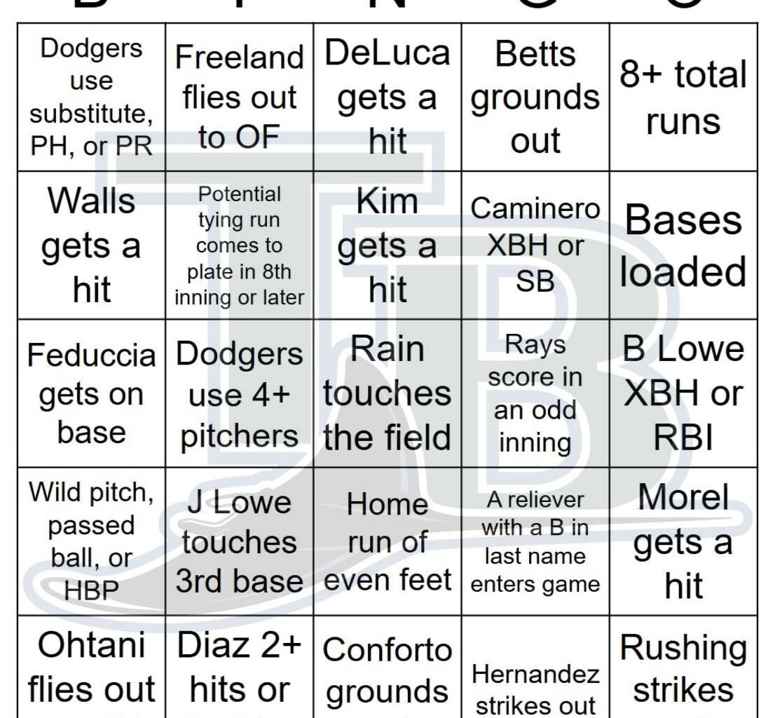 Rays vs Dodgers Bingo, 8/02/2025