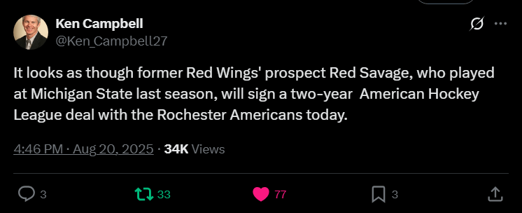 Red Wings NCAA Prospect Red Savage To Sign With Rochester