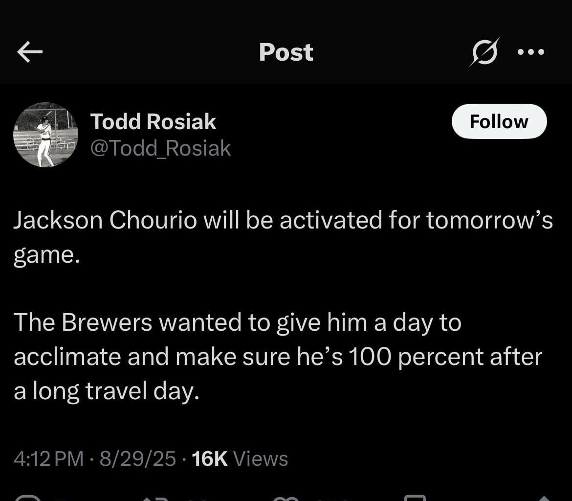 Chourio will be back Saturday.