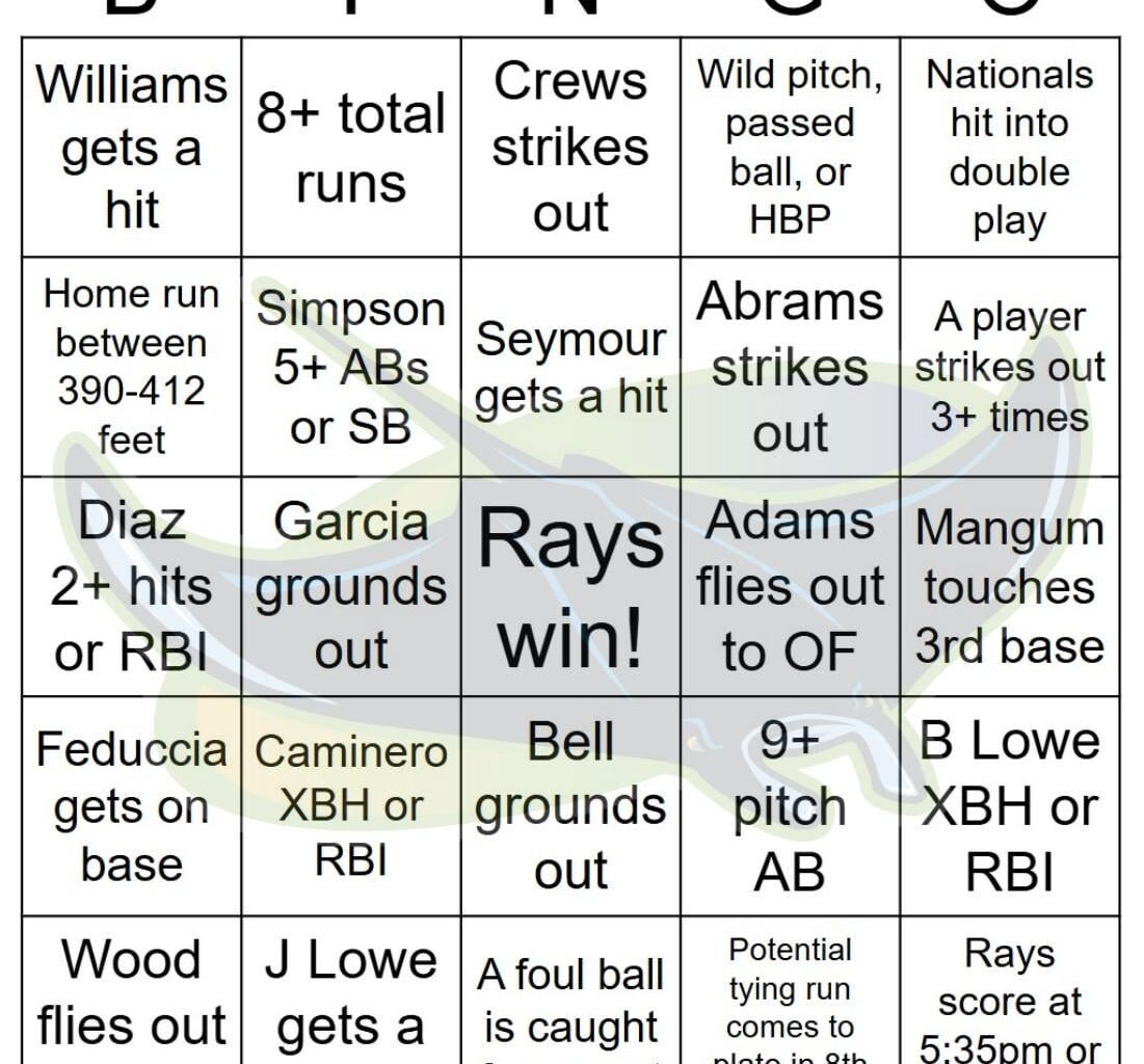 Rays vs Nationals Bingo, 8/30/2025