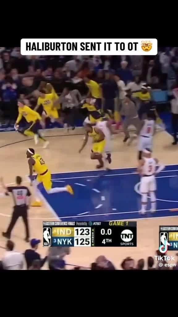 Tyrese Haliburton hits the game tying shot to send game 1 of the 2025 ECF to OT, which the Pacers won