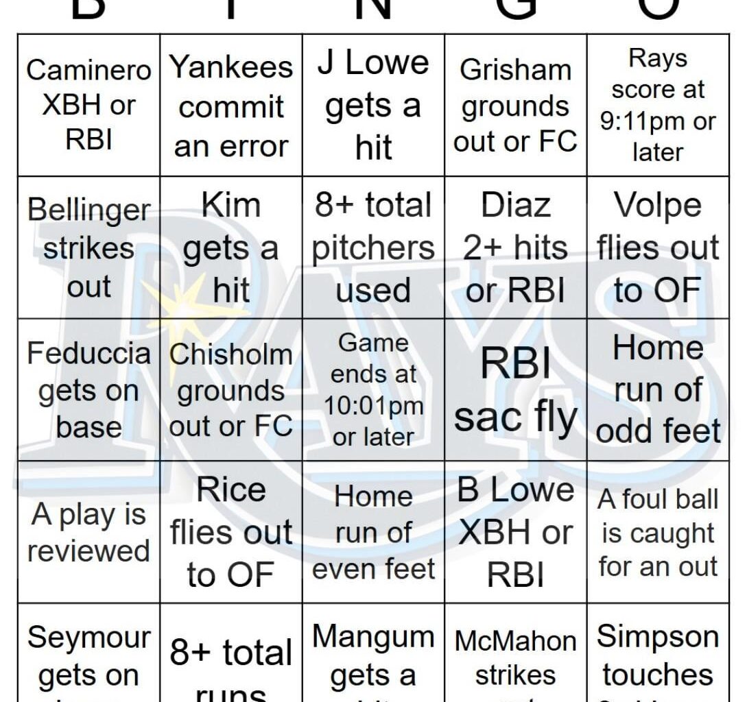 Rays vs Yankees Bingo, 8/20/2025