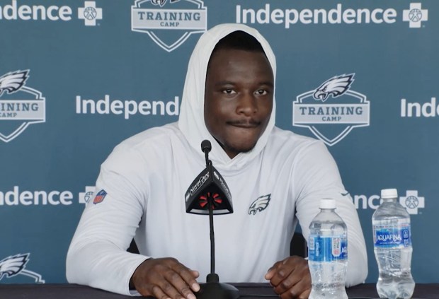 Philadelphia Eagles safety Andrew Mukuba speaks with the media during training camp at NovaCare Complex on Sunday, Aug. 3, 2025. (Associated Press)