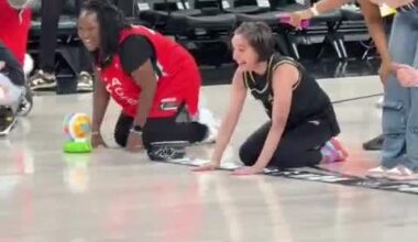 Baby blatantly cheats by taking her first ever steps to win the Las Vegas Aces baby crawl race