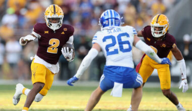 Kyson Brown #2 of the Arizona State Sun Devils...
