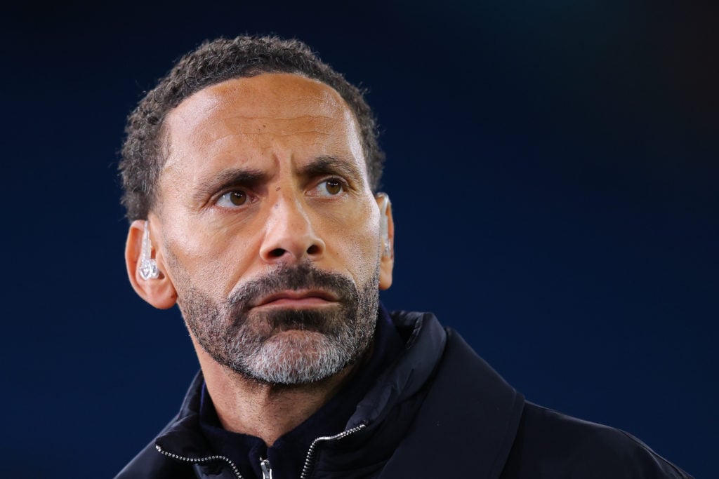 Former TNT Sports pundit Rio Ferdinand during the Champions League match between Manchester City and Club Brugge at the City of Manchester Stadium in 2025 in Manchester.