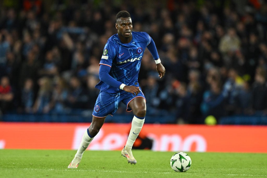 Benoit Badiashile playing for Chelsea against Djurgarden in the Conference League.