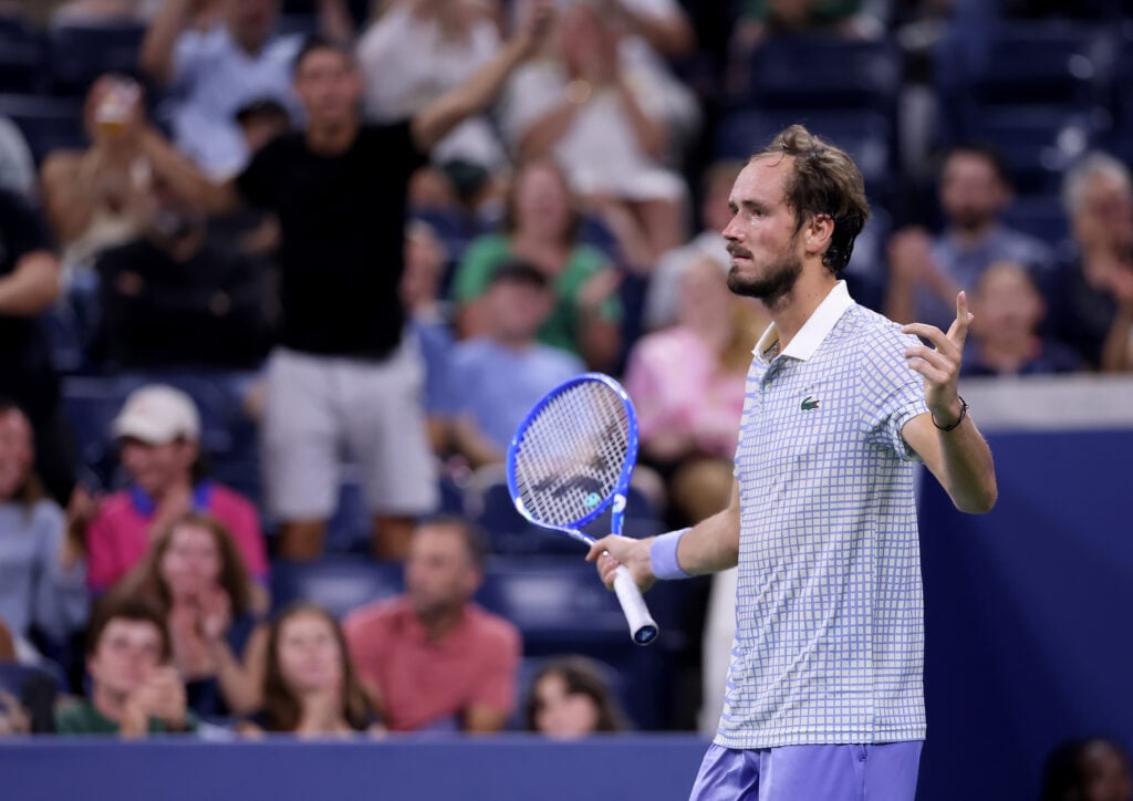 Daniil Medvedev reacts against Benjamin Bonzi of France during their Men's Singles First Round match on Day One of the 2025 US Open at USTA Billie Jean King National Tennis Center on August 24, 2025 in the Flushing neighborhood of the Queens borough of New York City.