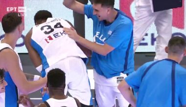 The Greek player that was smacked by Giannis a couple of days ago, takes his revenge during Greece's post-game huddle